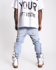 "Question Mark" Flare Denim-Light Indigo